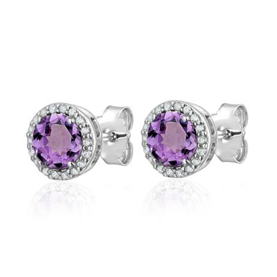 Sterling Silver Amethyst Stud Earrings with CZ Halo